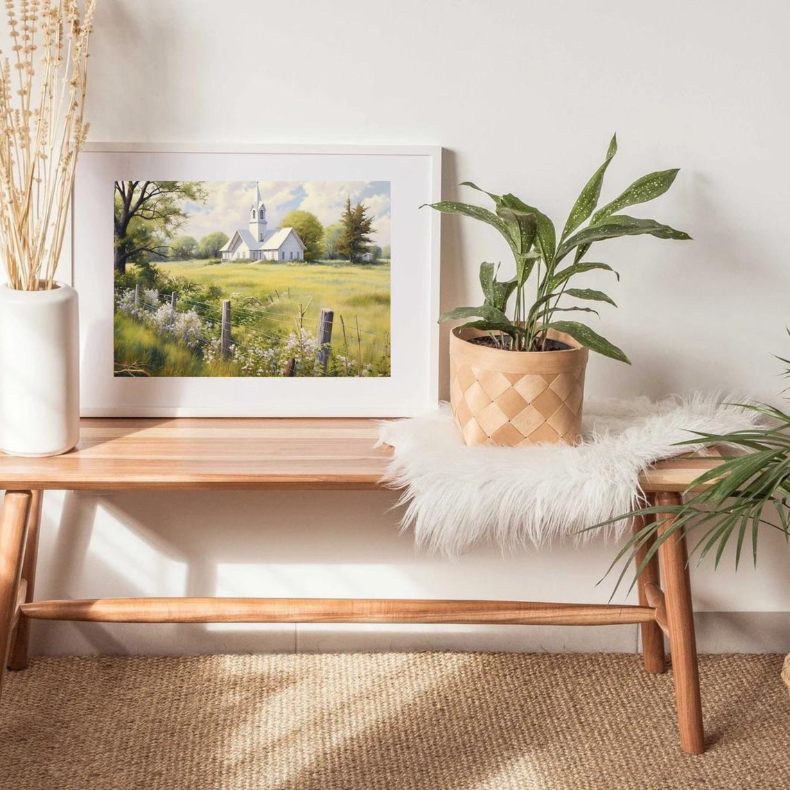Vintage Church Print Spring Landscape Oil Painting Farmhouse Decor Living Room Wall Art Country Scenery 374 - Image 4