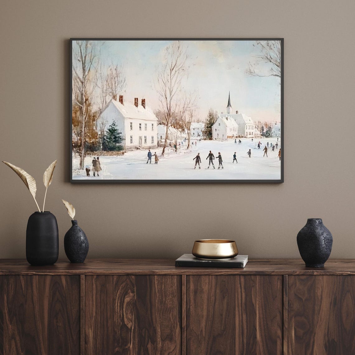 Snowy Village Church Ice Skaters On Frozen Pond Winter Scene Poster - Image 6