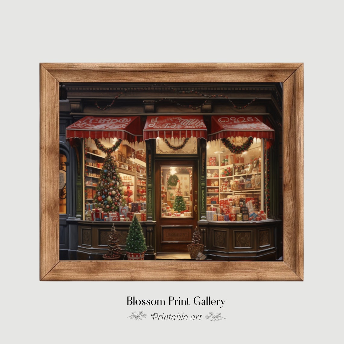 Vintage Christmas Storefront with Red Awnings Holiday Poster