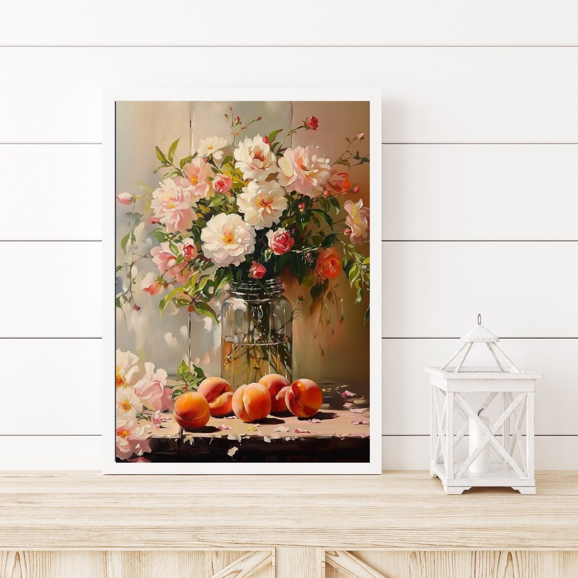 Blush Peonies and Roses in Glass Jar with Peaches Painting Poster - Image 3