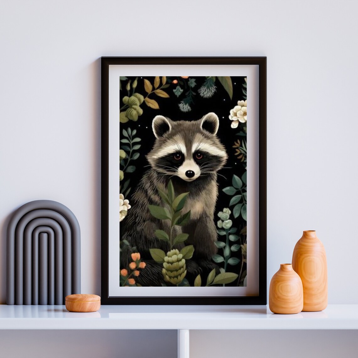 Raccoon Among Flowers Dark Botanical Folk Art Cute Woodland Animal Poster - Image 6