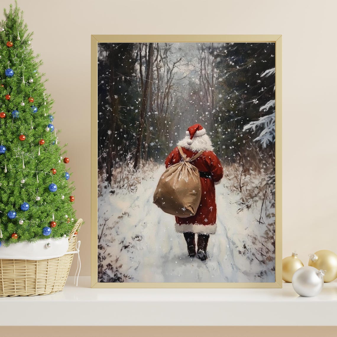 Santa Claus Walking Through Snowy Forest Christmas Vintage Poster - Image 4