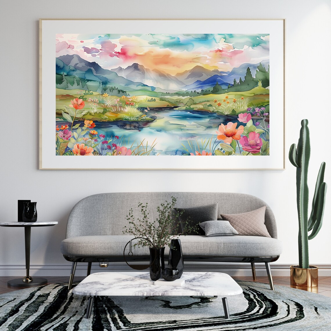 Watercolor Lake With Wildflowers And Mountains At Pastel Sunrise Print - Image 6
