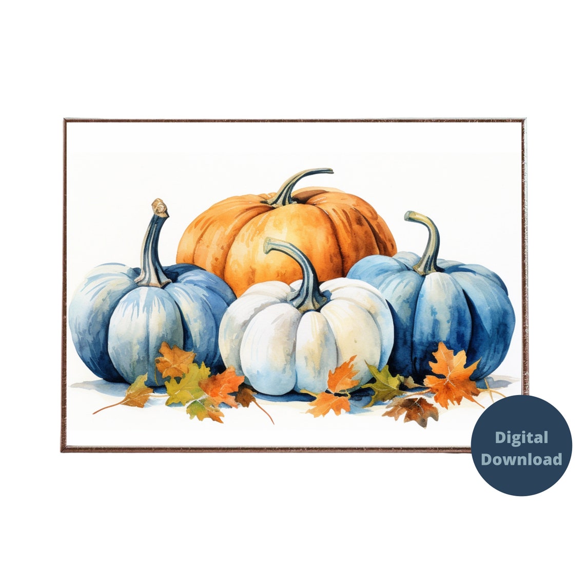 Watercolor Blue White And Orange Pumpkins Autumn Leaves Poster
