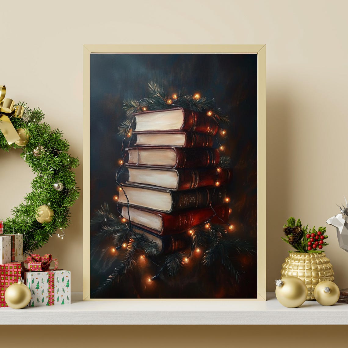 Vintage Christmas Books Stack Pine Garland Lights Holiday Poster - Image 4