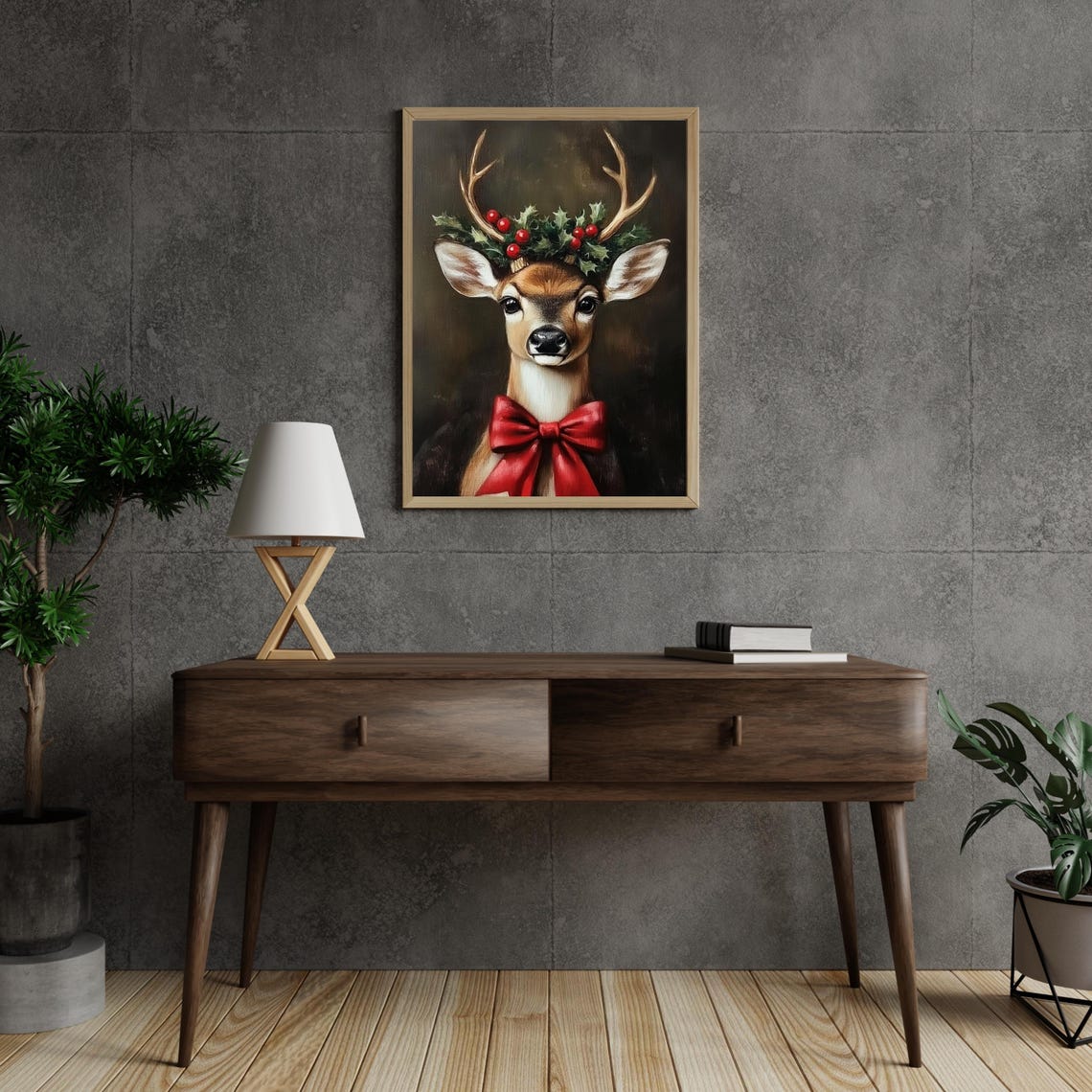 Festive Deer Portrait With Holly Crown And Red Bow Christmas Poster - Image 4