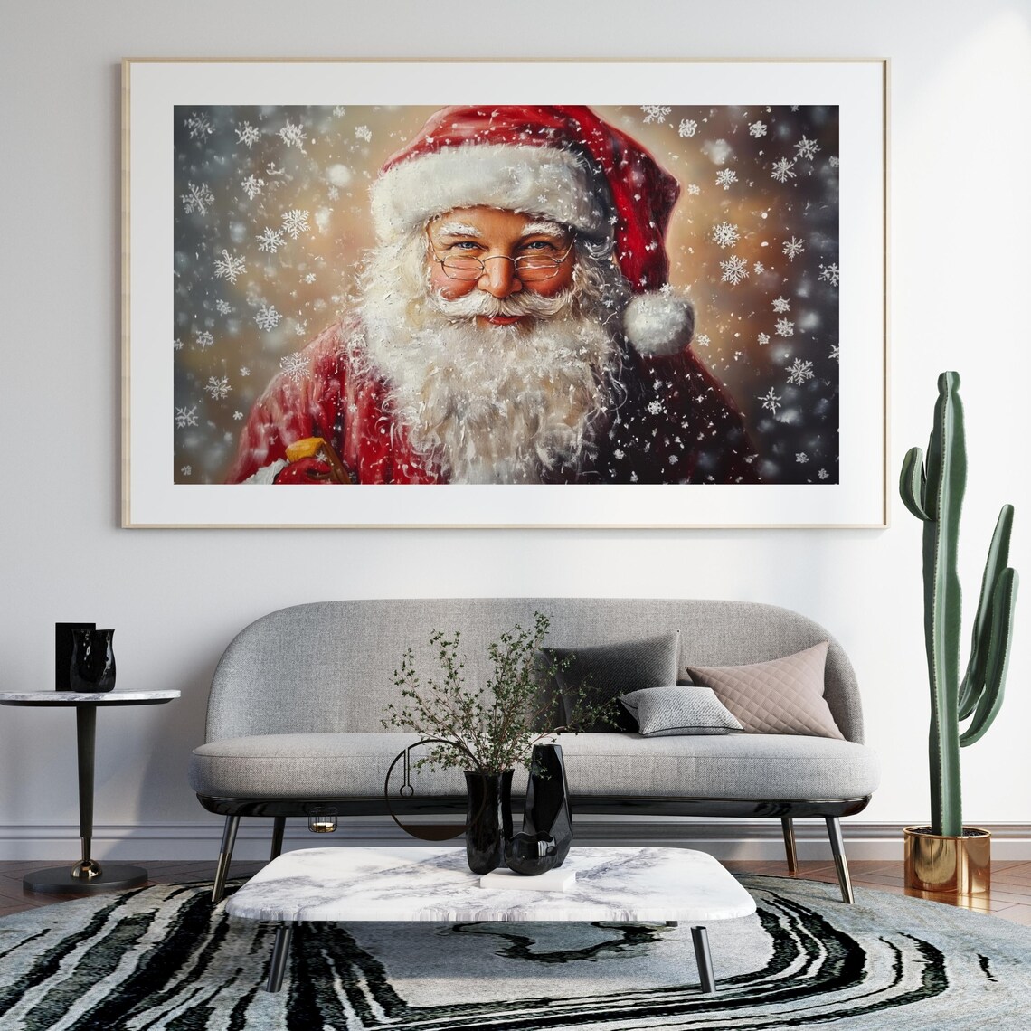 Vintage Santa Claus Portrait With Snowflakes Red Suit Christmas Poster - Image 5