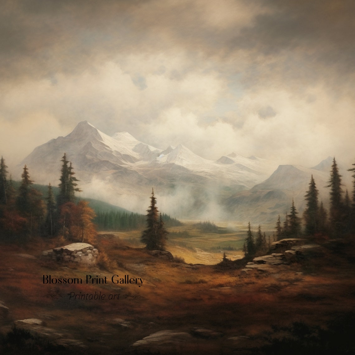 Snowy Mountain Peaks Above Misty Valley Rustic Alpine Poster - Image 3