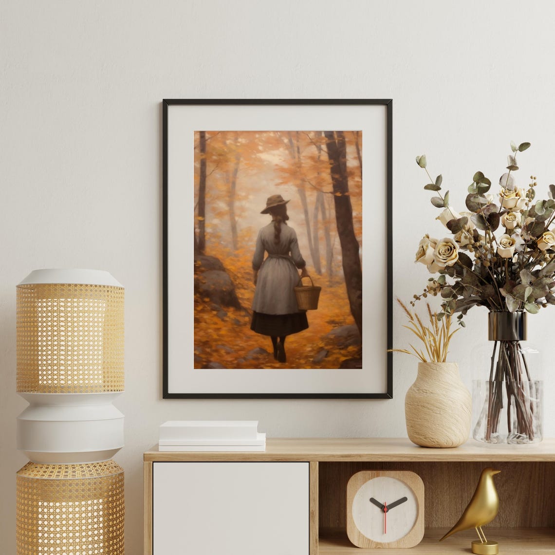 Woman with Basket Walking Through Golden Autumn Forest Poster - Image 2