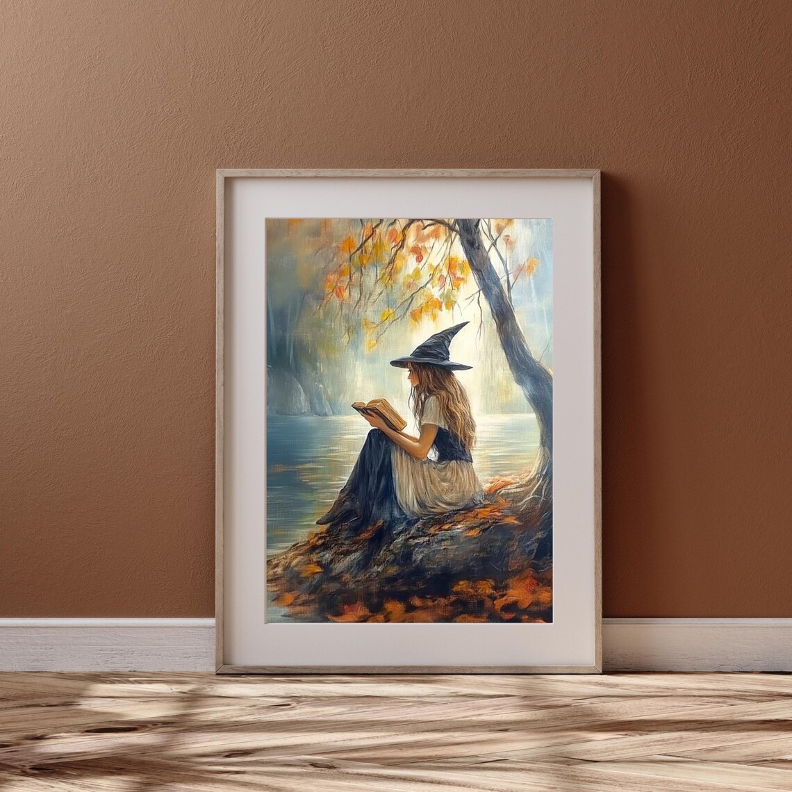 Witch Reading Book By Autumn Lake Vintage Halloween Cottagecore Art Print - Image 4