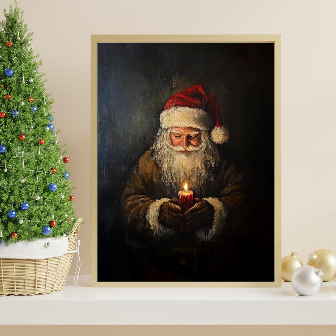 Moody Santa Claus Portrait Holding Candle Dark Christmas Poster - Image 4