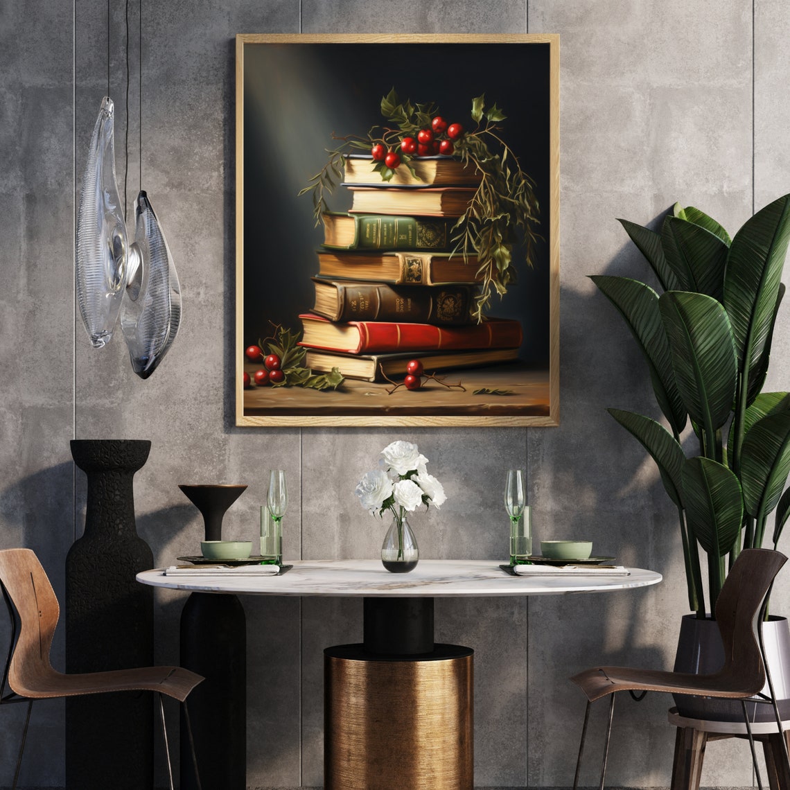 Stack Christmas Books Holly Berries Festive Library Art Poster - Image 5