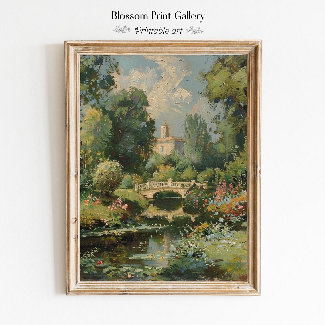 Vintage Garden Stone Bridge Reflecting Pond Villa Landscape Art Poster