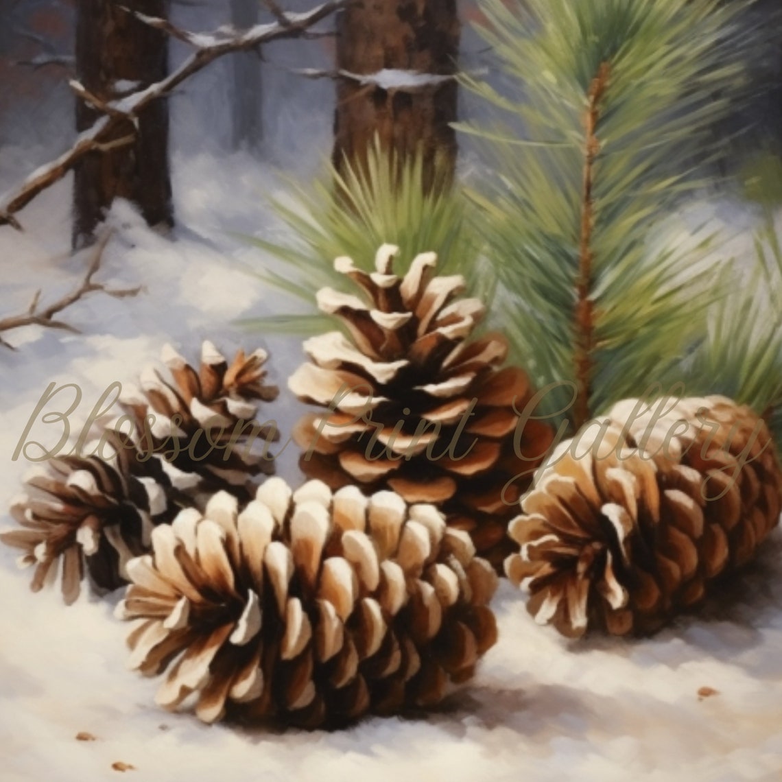 Frosted Pine Cones Snowy Forest Winter Botanical Painting Poster - Image 3