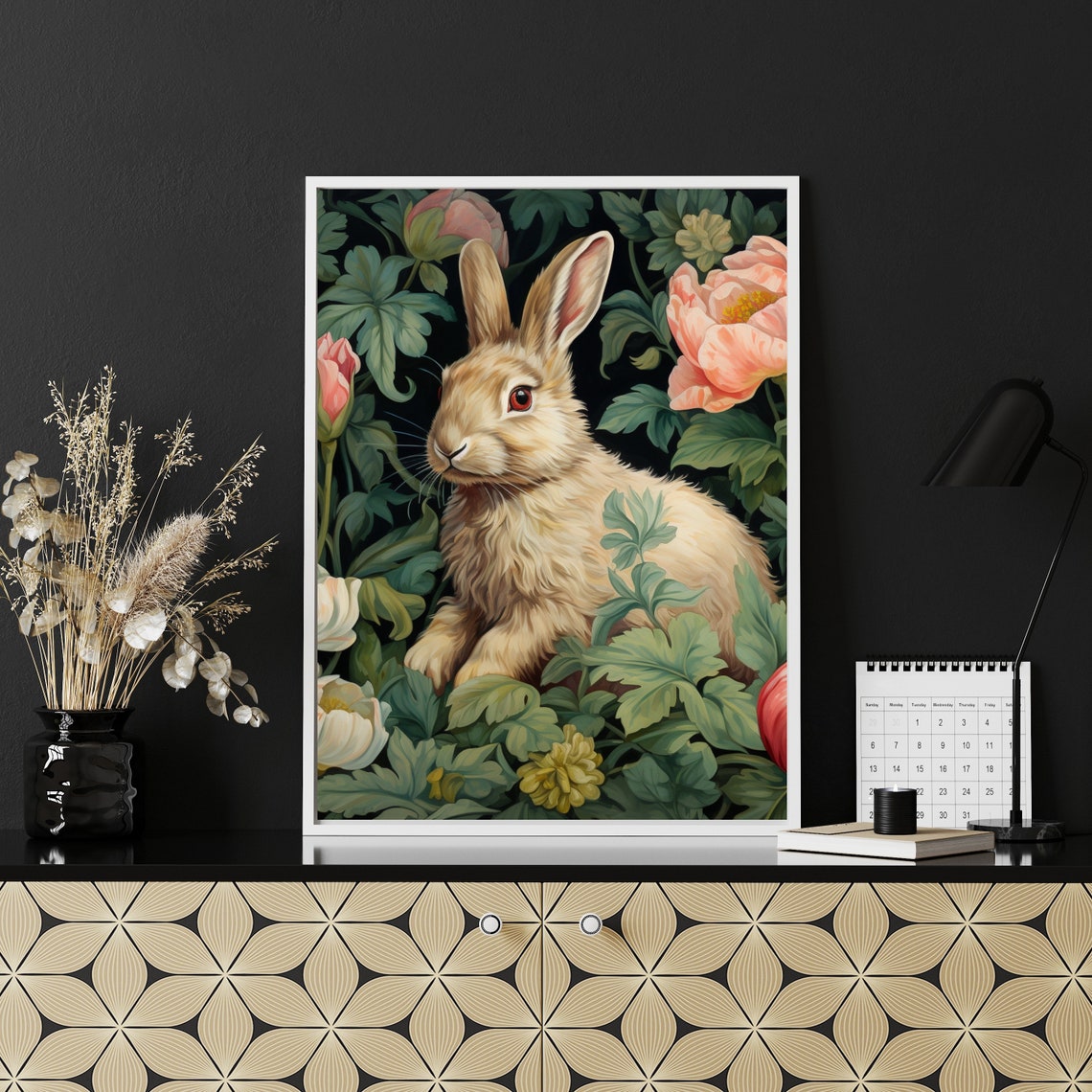 Rabbit in a Vintage Peony Garden Painting Morris Style Poster - Image 3