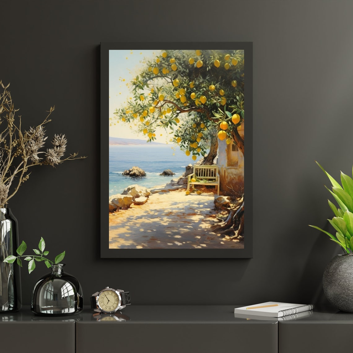 Summer Lemon Tree Coastal Sea View Oil Painting Style Poster - Image 3