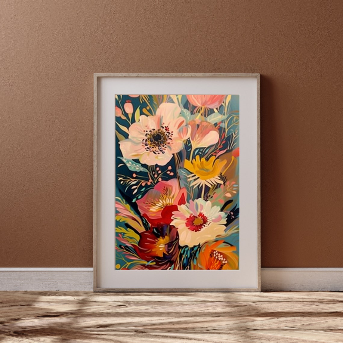 Bold Botanical Flowers Dark Teal Background Modern Floral Poster - Image 3