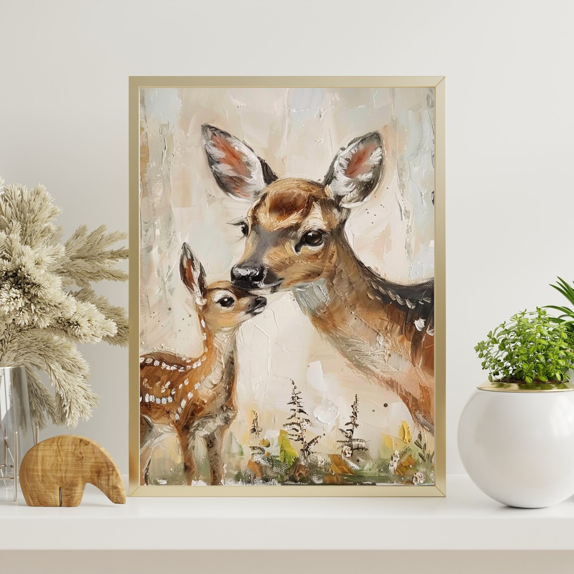 Doe And Fawn Nuzzling In Forest Vintage Wildlife Painting Poster - Image 3
