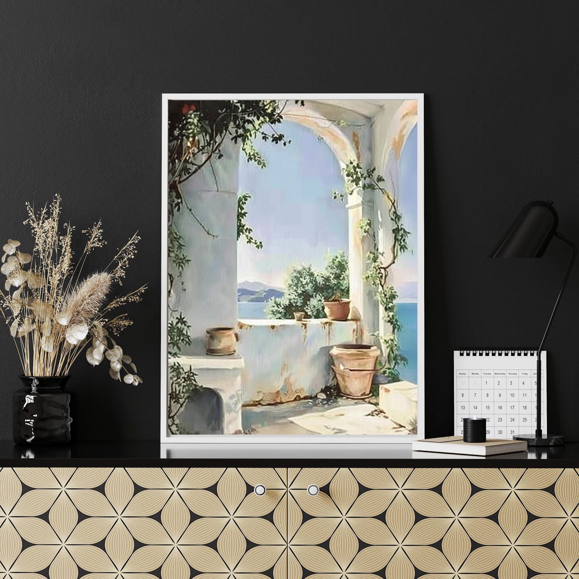 Mediterranean Terrace Arches Sea View Neutral Coastal Art Poster - Image 4