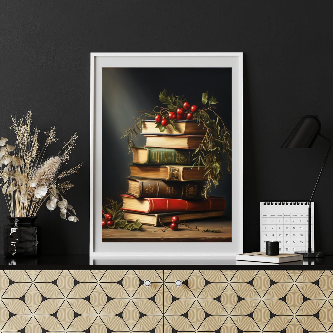 Dark Vintage Books Stack With Holly Berries Christmas Poster - Image 3