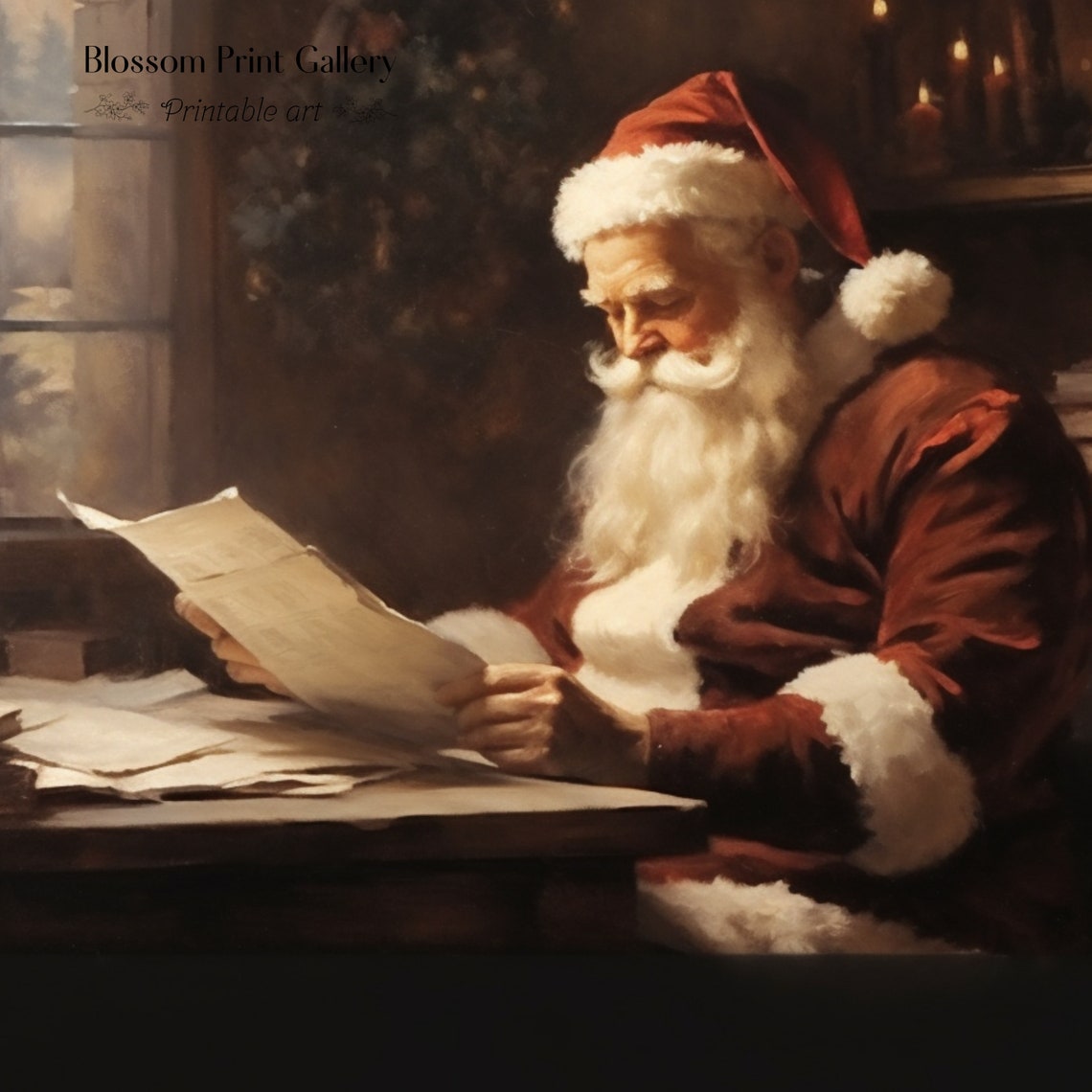 Santa Claus Reading Christmas Letters Candlelight Painting Poster - Image 3