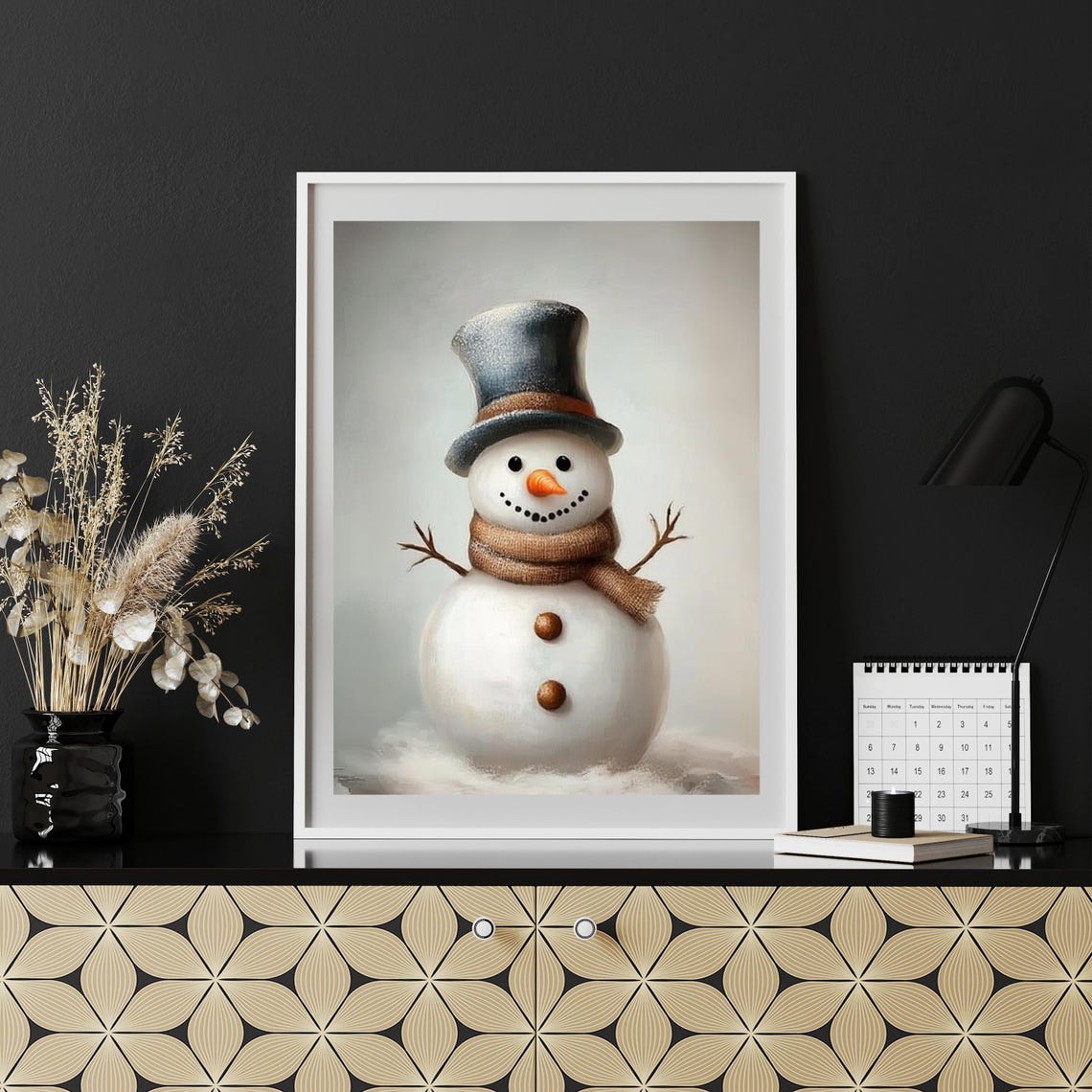 Snowman with Top Hat and Burlap Scarf Winter Painting Poster - Image 6