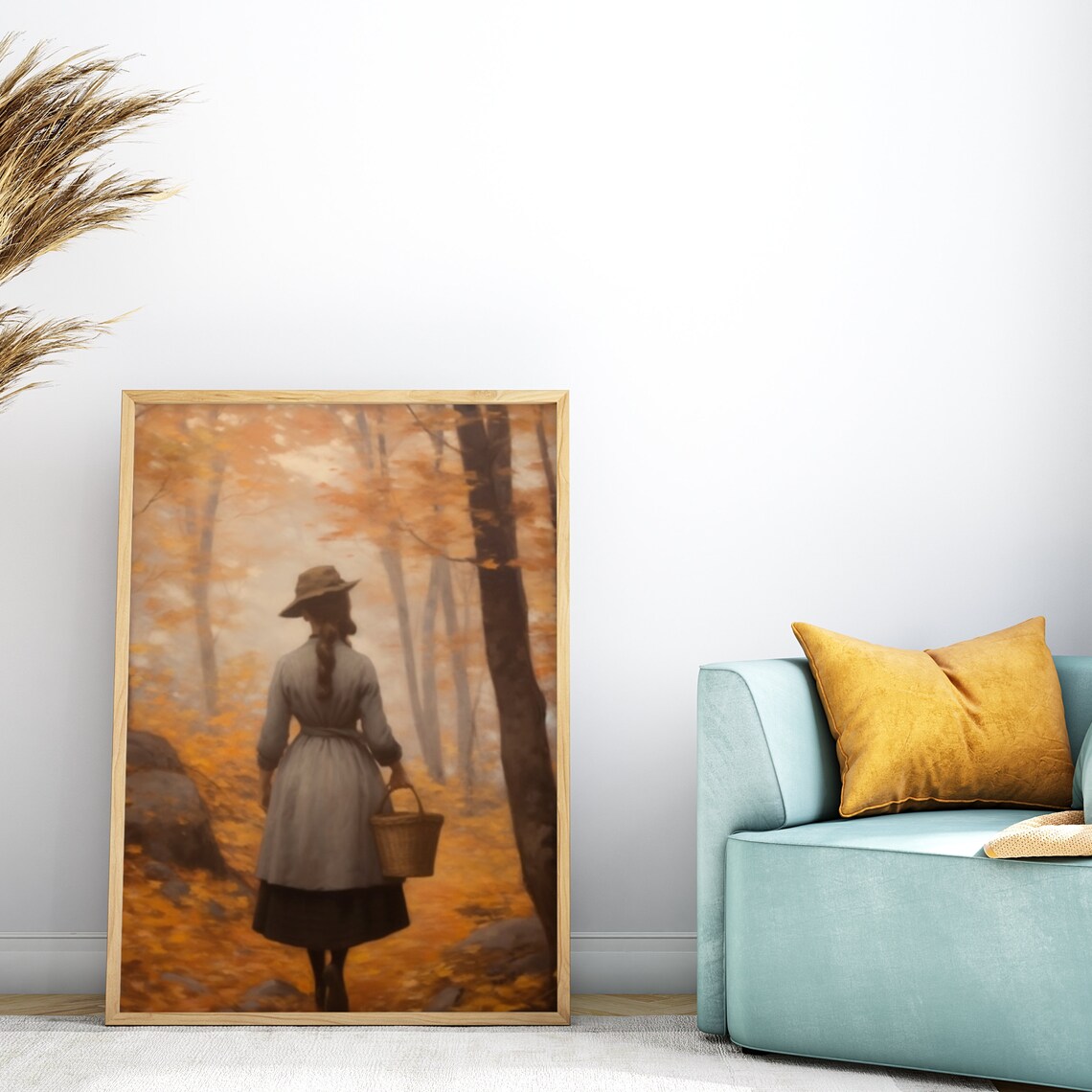 Woman with Basket Walking Through Golden Autumn Forest Poster - Image 5