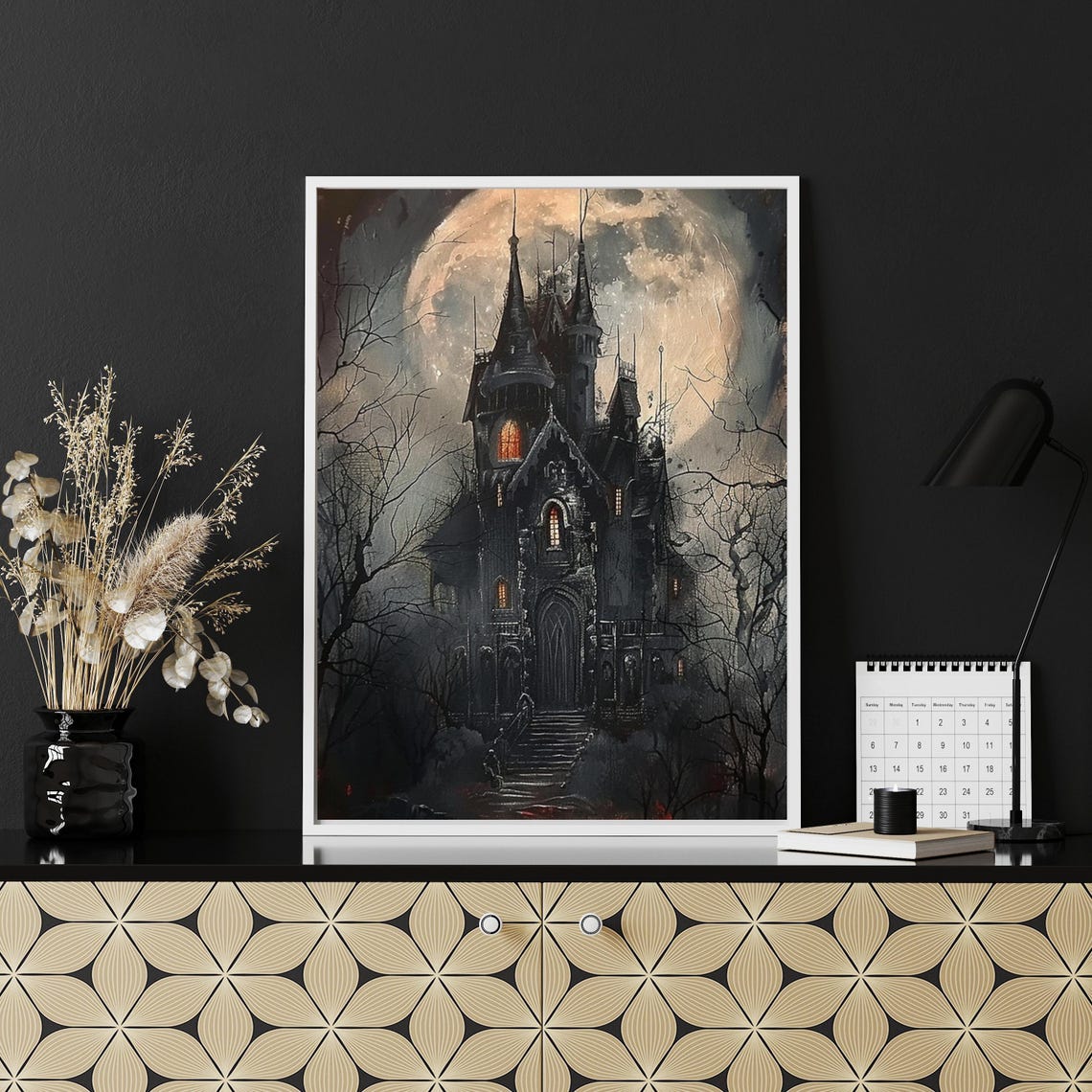 Gothic Haunted Castle under Full Moon Dark Halloween Painting Poster - Image 5