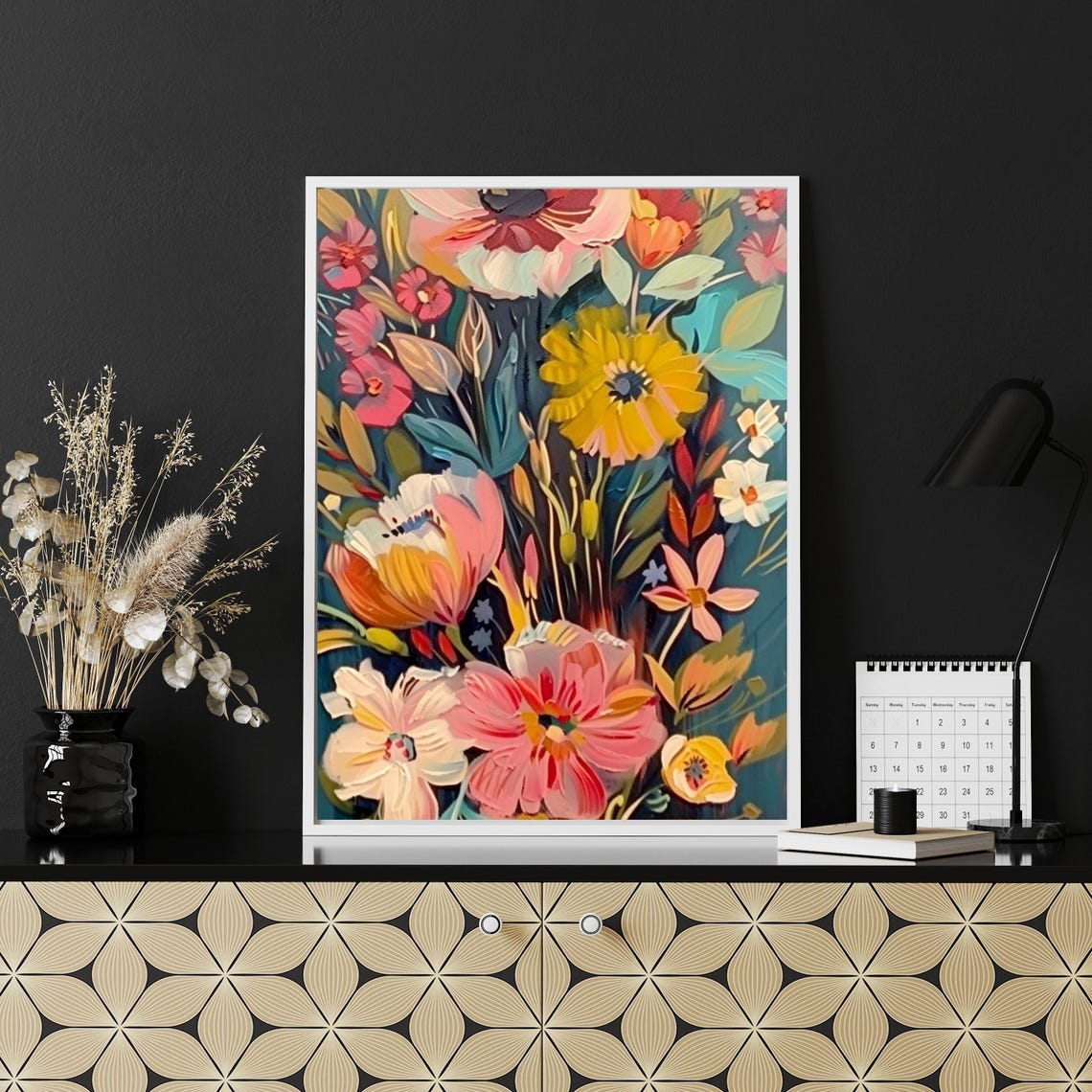 Bold Modern Floral Painting With Colorful Boho Blooms Wall Art - Image 3