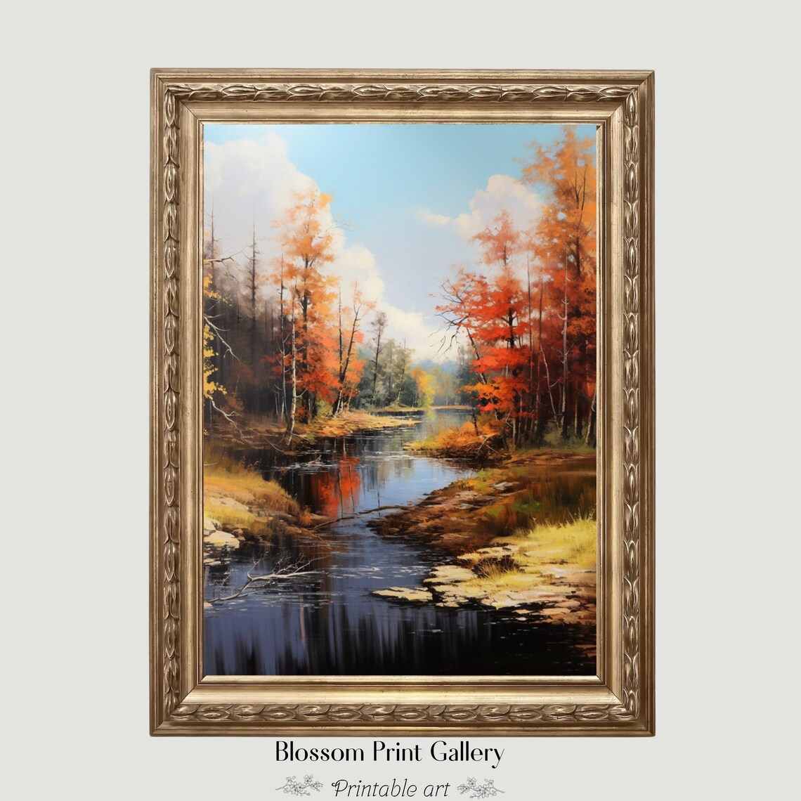 Autumn River Through Fiery Orange Forest Vintage Landscape Painting Poster