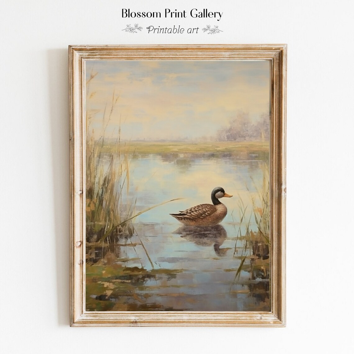 Wild Duck on Golden Marsh Lake with Reeds Vintage Wildlife Poster