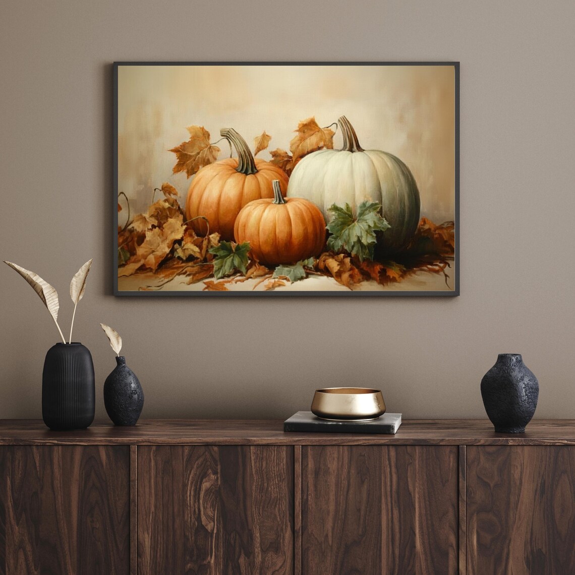 Orange And White Pumpkins With Fall Leaves Classic Still Life Art Poster - Image 5