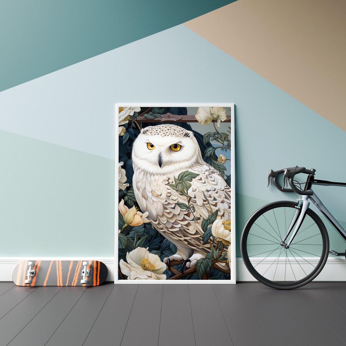 Snowy White Owl Golden Eyes Floral Botanical Painting Poster - Image 4