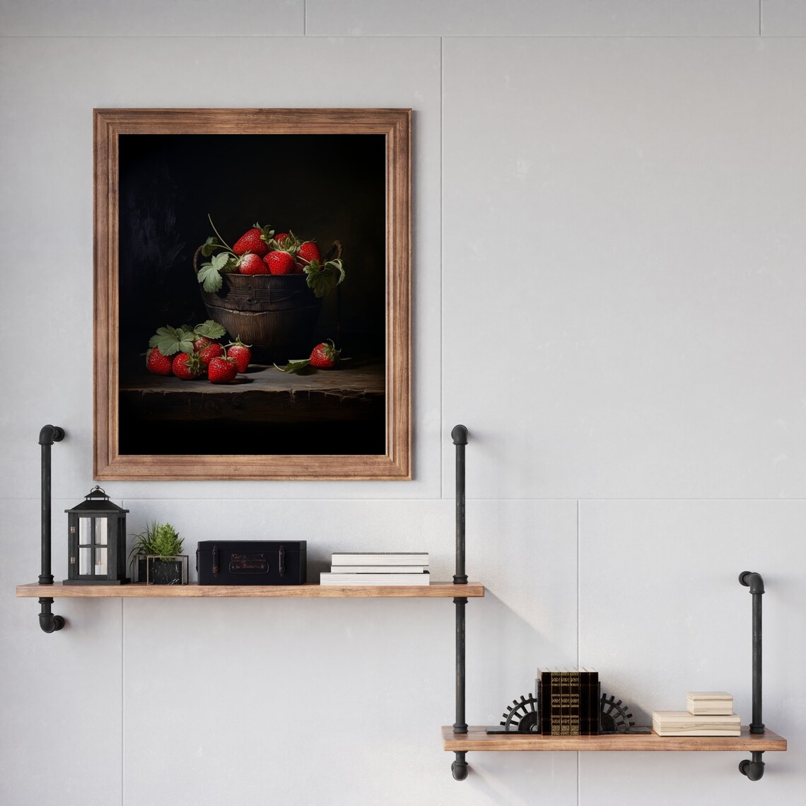 Ripe Red Strawberries In Wooden Bucket Moody Still Life Poster - Image 4