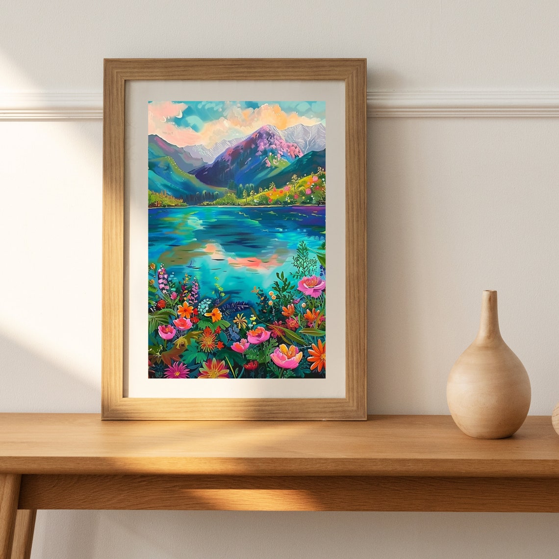 Colorful Mountain Lake With Wildflowers In Impressionist Style Print - Image 4