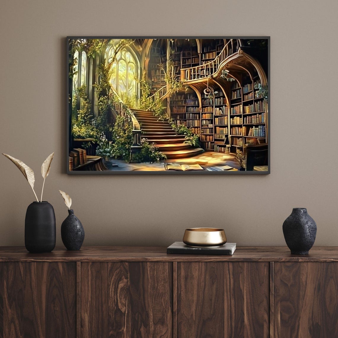 Enchanted Grand Library With Staircase Fantasy Art Painting Poster - Image 2