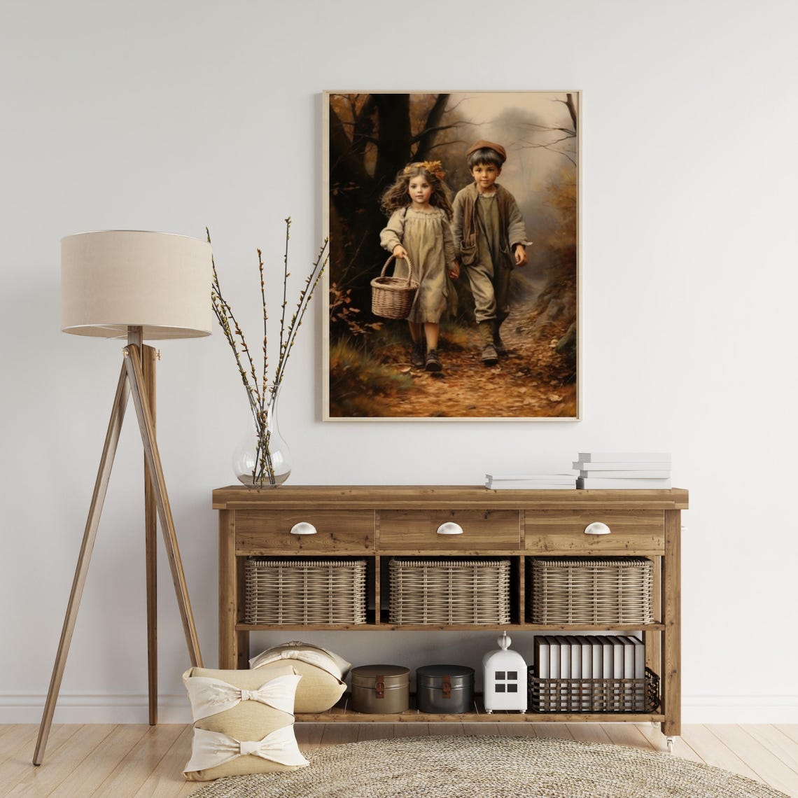 Children Walking Autumn Forest Path With Basket Vintage Poster - Image 5