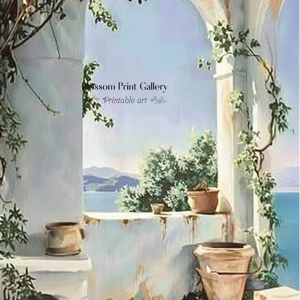 Mediterranean Terrace Arches Sea View Neutral Coastal Art Poster - Image 3