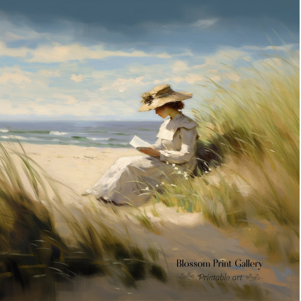 Vintage Woman Reading On Beach Dunes In White Dress Summer Poster - Image 3