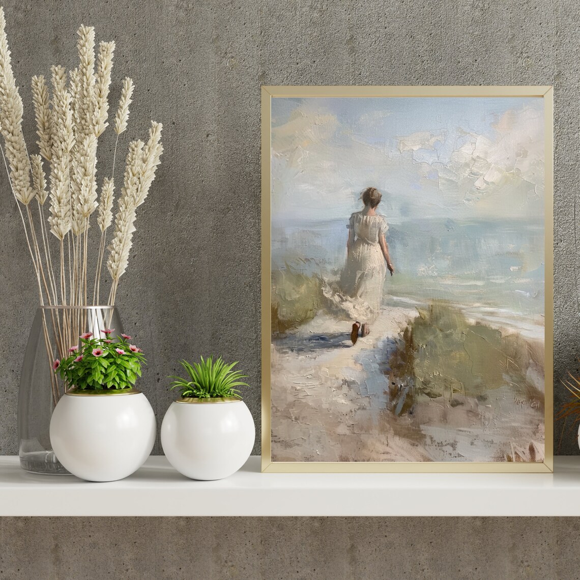 Woman In White Dress Walking To The Beach Coastal Painting Poster - Image 4