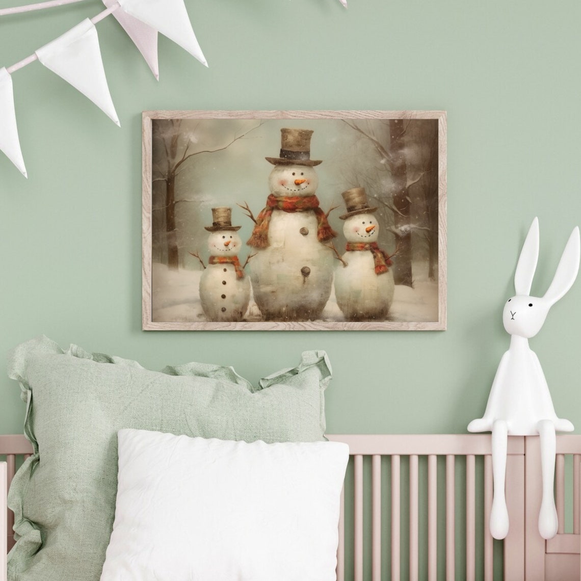 Vintage Snowman Family Three Snowmen With Top Hats Winter Scene Poster - Image 6