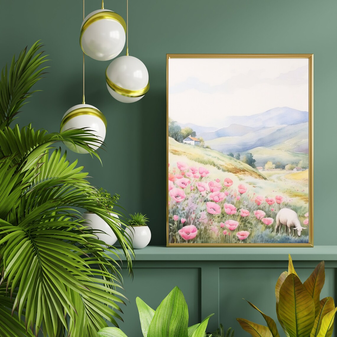 Pink Poppy Field with Grazing Sheep Watercolor Mountain Landscape Poster - Image 4