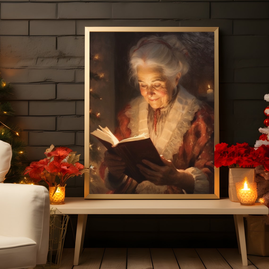 Mrs Claus Reading Glowing Book Candlelight Christmas Painting Poster - Image 5