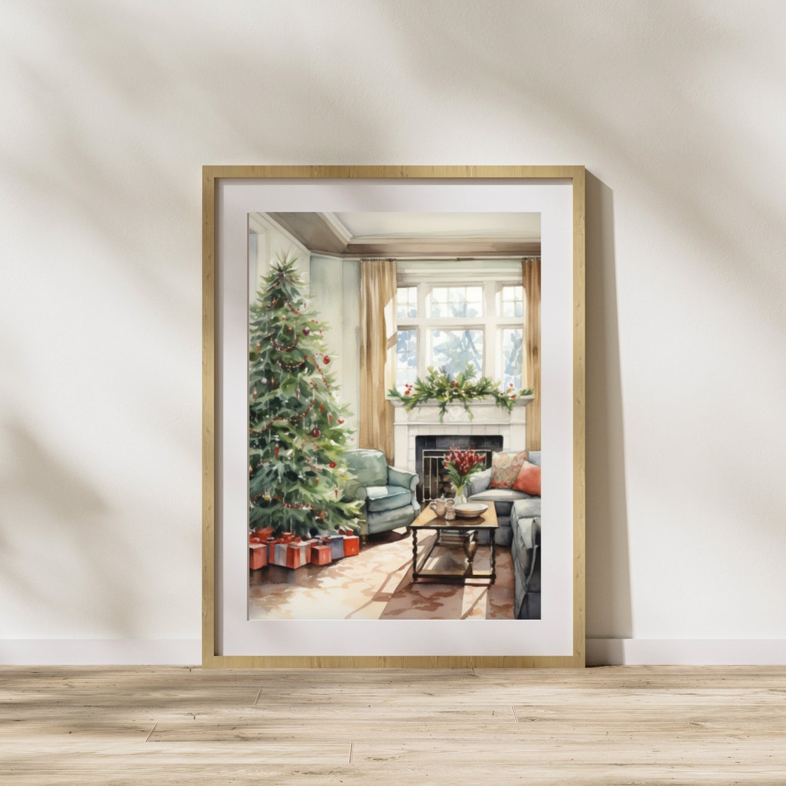 Cozy Christmas Living Room With Tree Fireplace Watercolor Poster - Image 4