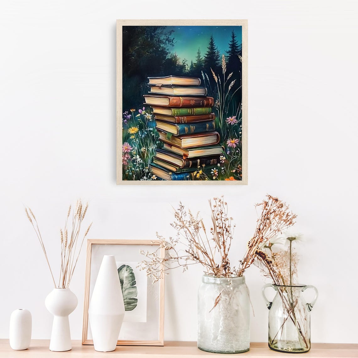 Stack of Old Books in a Moonlit Meadow Enchanted Night Poster - Image 3