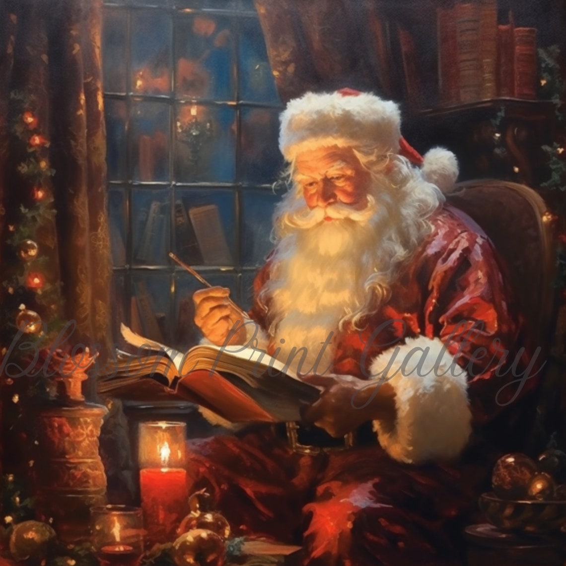 Santa Claus Reading Book By Candlelight Christmas Painting Poster - Image 3