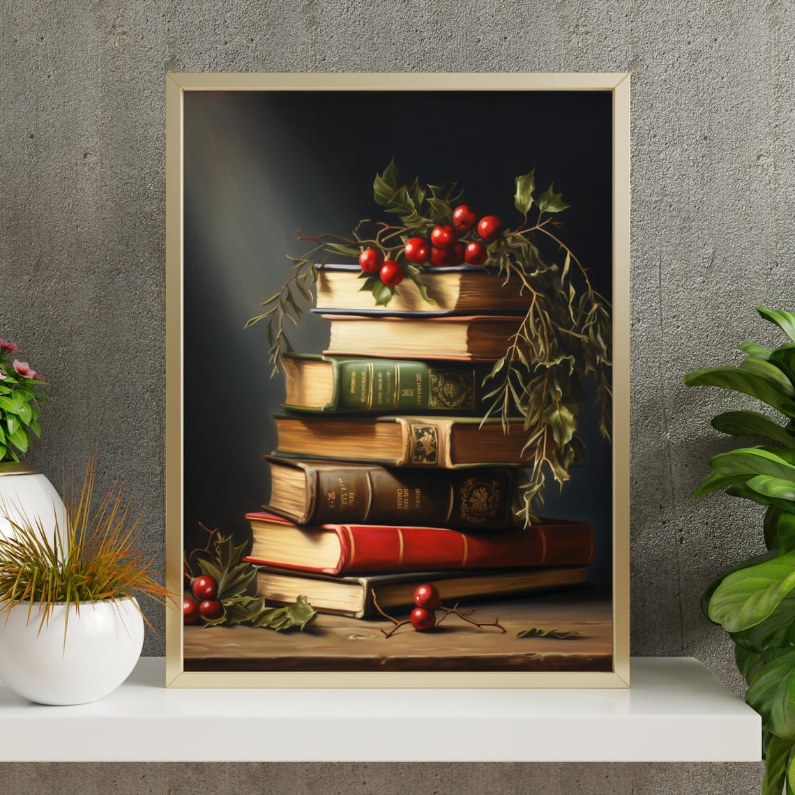 Dark Vintage Books Stack With Holly Berries Christmas Poster - Image 6