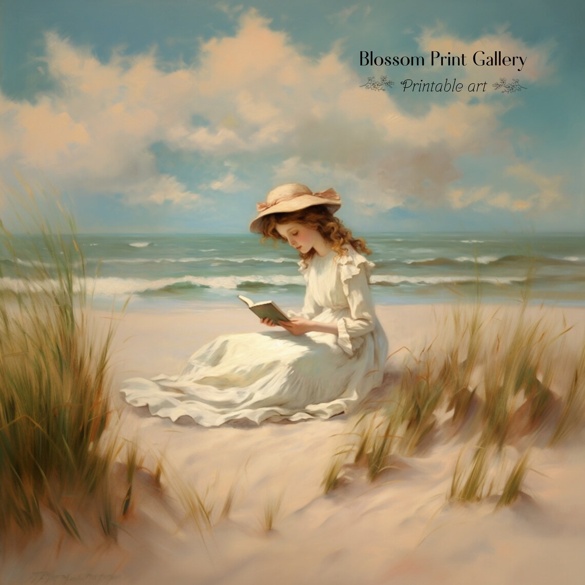 Woman Reading A Book On A Sunny Beach In White Dress Art Poster - Image 2