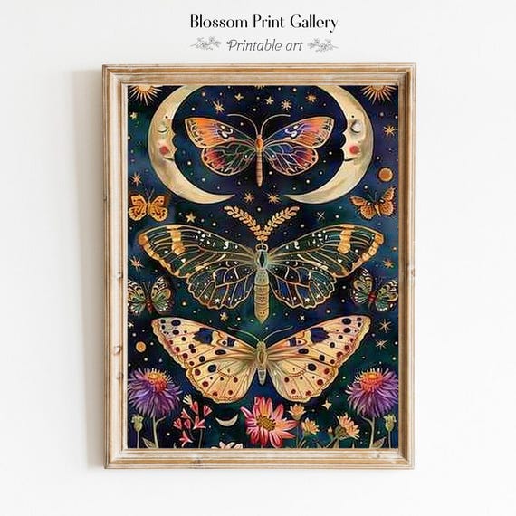 Rustic Botanical Moths Dark Academia Moody Floral And Butterfly Print Dark Cottagecore Gothic Flower Wall Art Dark Botanical Print 960