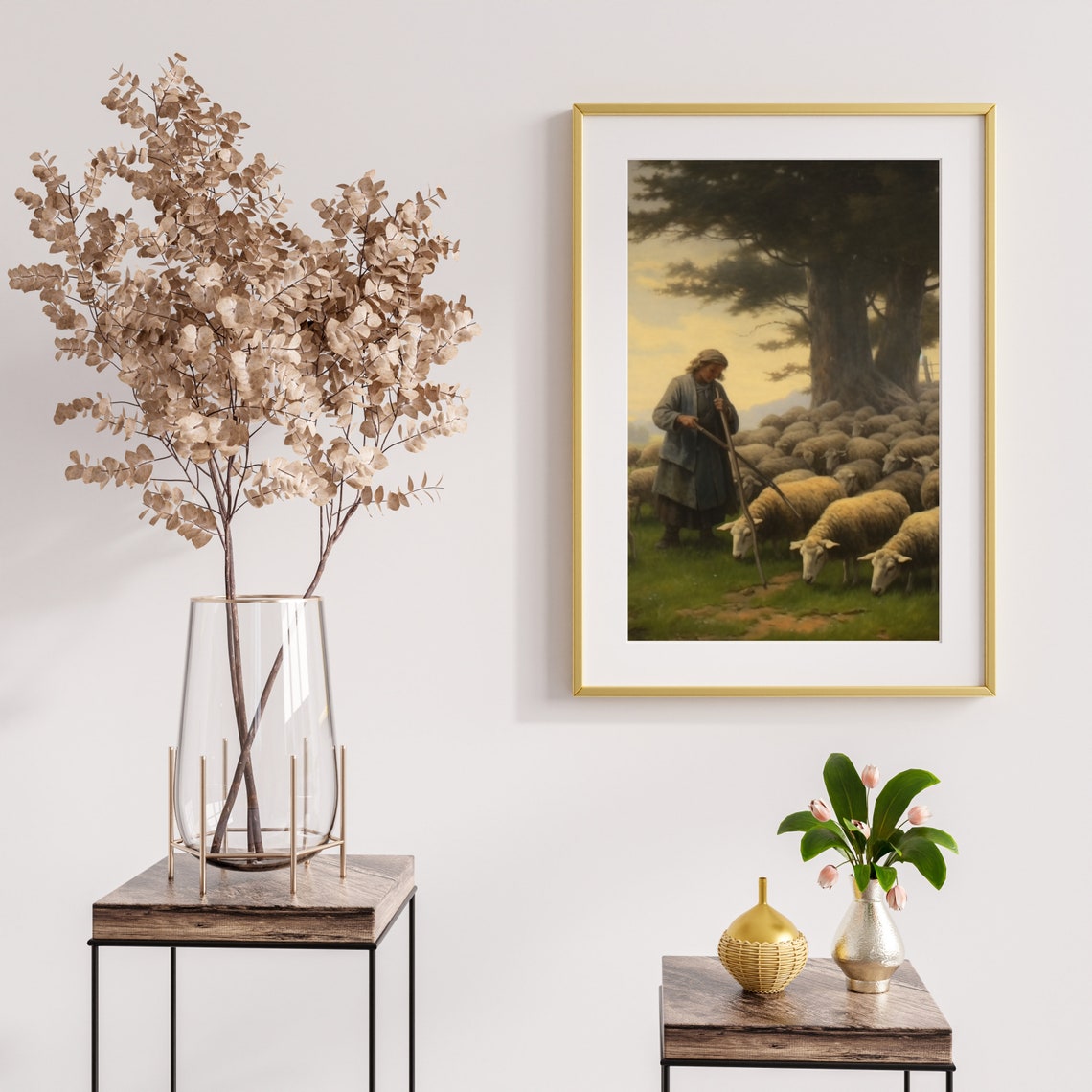 Shepherd With Sheep Flock Golden Sunset Pastoral Painting Poster - Image 5